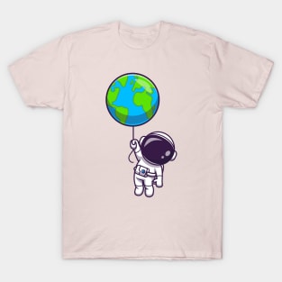 Cute Astronaut Floating With Earth Balloon Cartoon T-Shirt